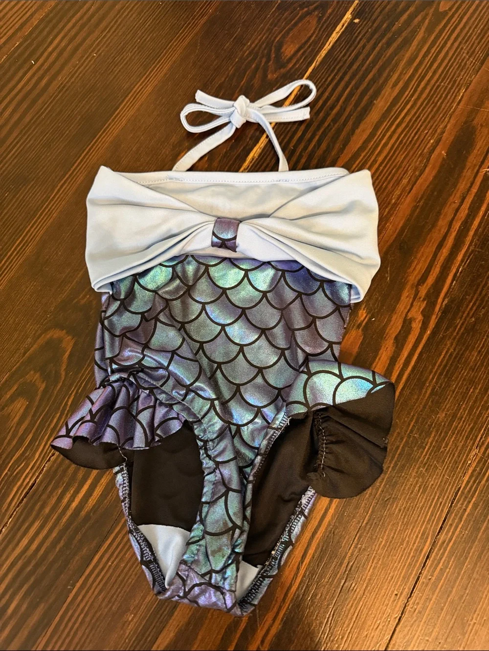 Zara Iridescent Purple Mermaid-Scale One-Piece Swimsuit with Light Blue Top